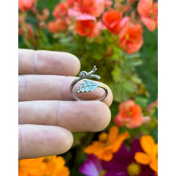 Sterling Silver Adjustable Snail and Leaf Ring - Picture 1 of 5
